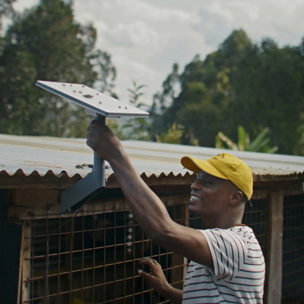 Um apicultor cuidando de colmeias na zona rural de Murang’a, Quênia, conectado pela Starlink.